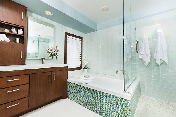 istock Contemporary Home Bathroom with Shower Stall, Tub and Vanity 184915848