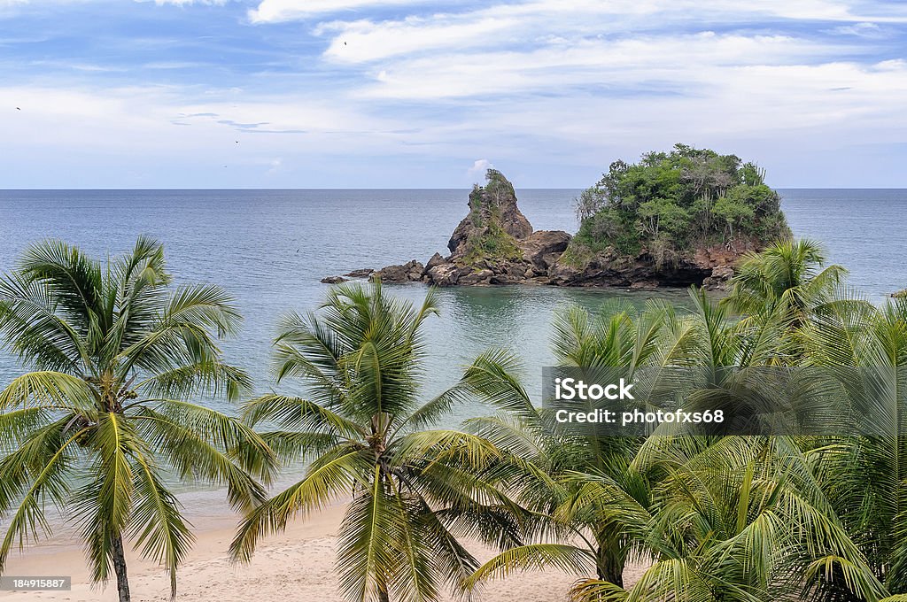 Tropical lonely beach Solitary tropical beach at sunset with palm trees, cloudy atmosphere and ocean waves sand covering Cayo District - Belize Stock Photo