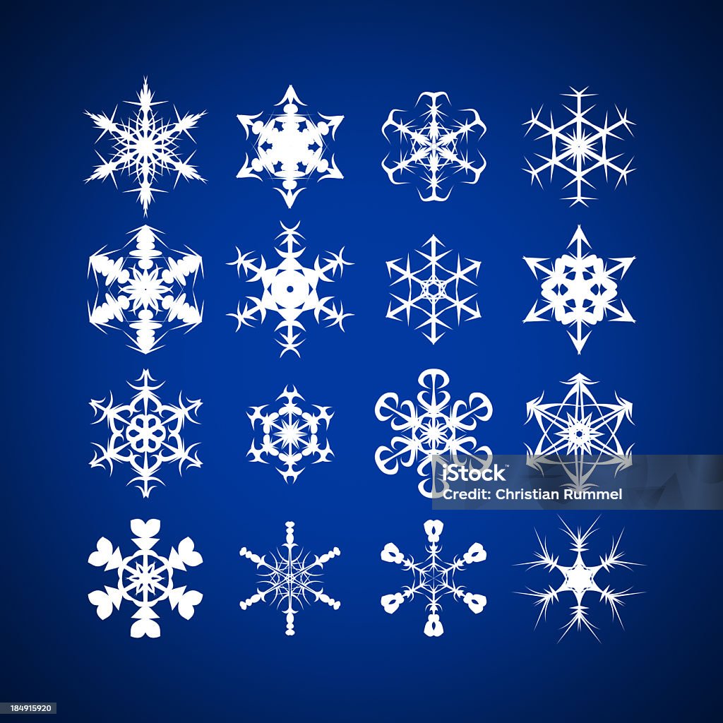 Snowflakes with different shapes against blue background Twenty white ice crystals of different shapes on blue background. Abstract Stock Photo