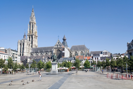 Leuven, Vlaams-Brabant, Belgium - September 6, 2023: view on Martelaren Square on a sunny day. Young adults walking, relaxing
