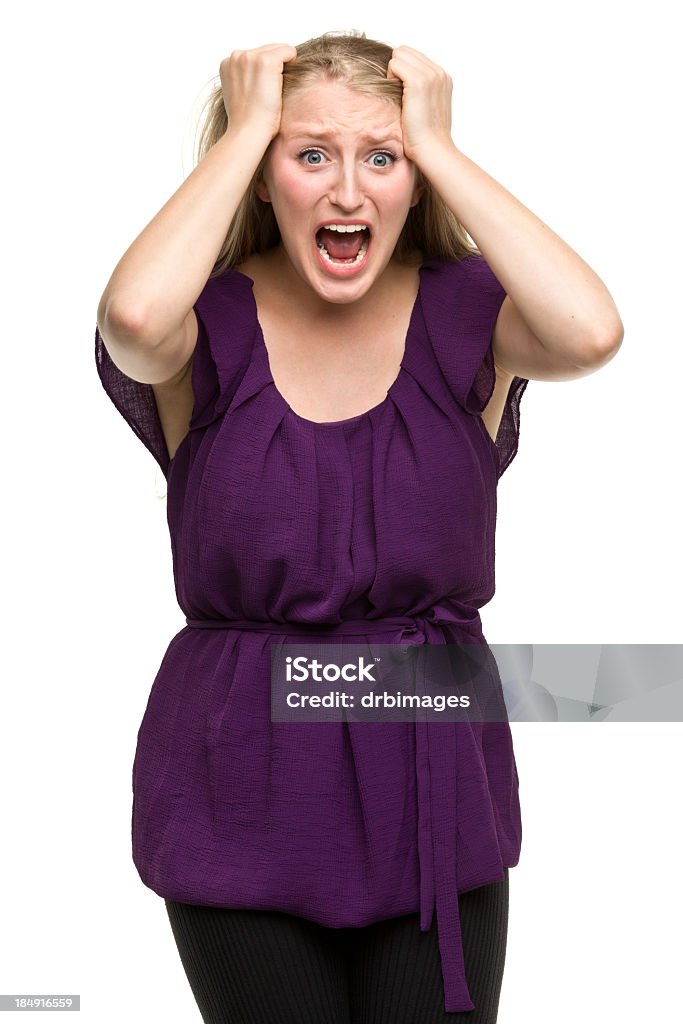 Frantic Young Woman Screaming Portrait of a young woman on a white background. http://s3.amazonaws.com/drbimages/m/hb.jpg Women Stock Photo