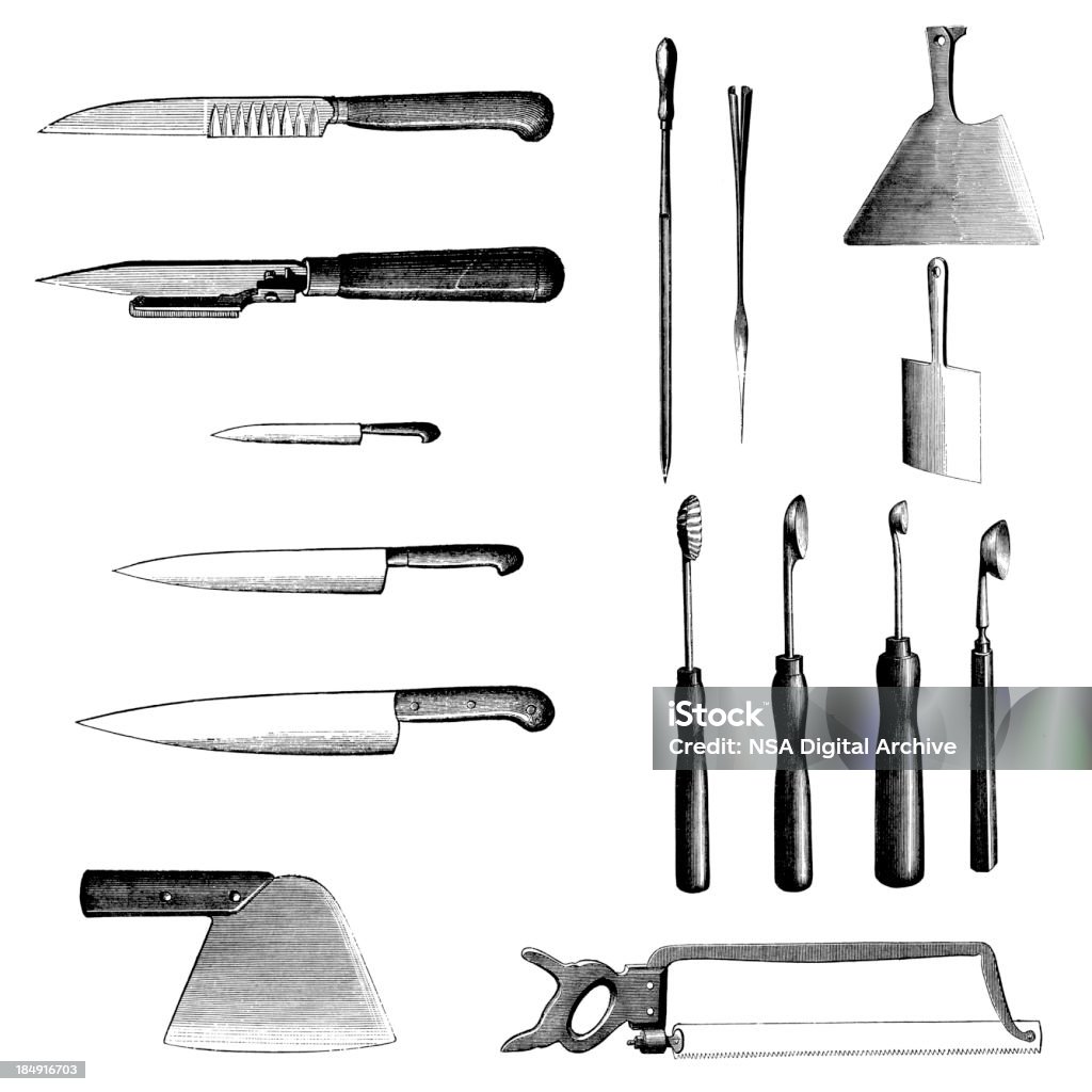 Set of Kitchen Knives, Cutting Tools, Fruit Knife Etc "Set of kitchen knives and cutting tools (melon ballers, butcher's hand saw, etc.). Engravings published in Le livre de cuisine, par Jules Goufe, Librarie Hachette et Cie (Paris, 1874).CLICK ON THE LINKS BELOW FOR HUNDREDS MORE SIMILAR IMAGES:" Melon stock illustration