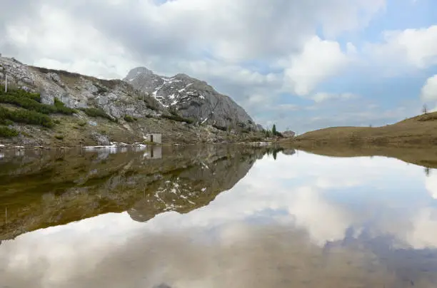 landscape of Lake Valparola in the Italian Alps