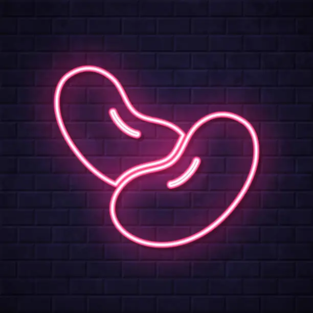 Vector illustration of Beans. Glowing neon icon on brick wall background