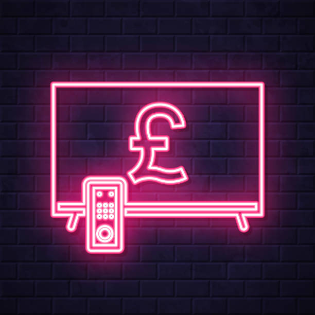 TV with Pound sign. Glowing neon icon on brick wall background Icon of "TV with Pound sign" in a realistic neon sign style. The icon is created with a pink glowing neon light on a dark brick wall. Modern and trendy illustration with beautiful bright colors. Vector Illustration (EPS file, well layered and grouped). Easy to edit, manipulate, resize or colorize. Vector and Jpeg file of different sizes. smart tv on wall stock illustrations