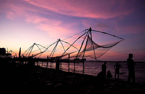 chinese fishing nets,kerala "Chinese fishing nets at sunset in Kochin,Kerala" cochin kerala india chinese fishing net stock pictures, royalty-free photos & images