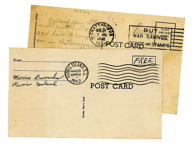 "Two postcards sent by American servicemen in 1943, one from the Marine Corps Barracks, Parris island, South Carolina and one from Chattanooga, Tennessee. Names and addresses removed.Also see:"
