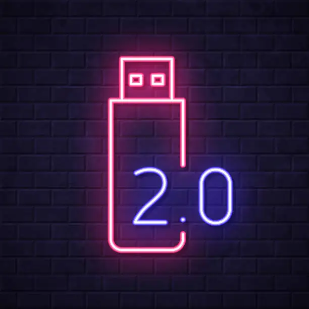 Vector illustration of USB 2.0 flash drive. Glowing neon icon on brick wall background