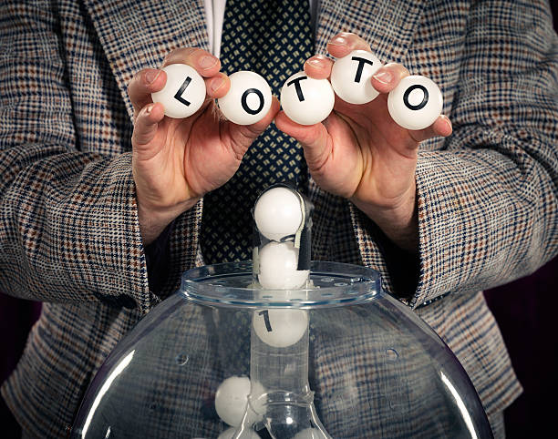A Retro color processed lottery drawing show host holding balls spelling LOTTO. Photographed in studio with a purpose built set and props.