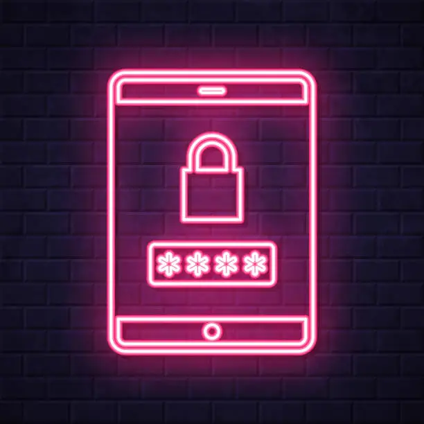Vector illustration of Tablet PC with password. Glowing neon icon on brick wall background