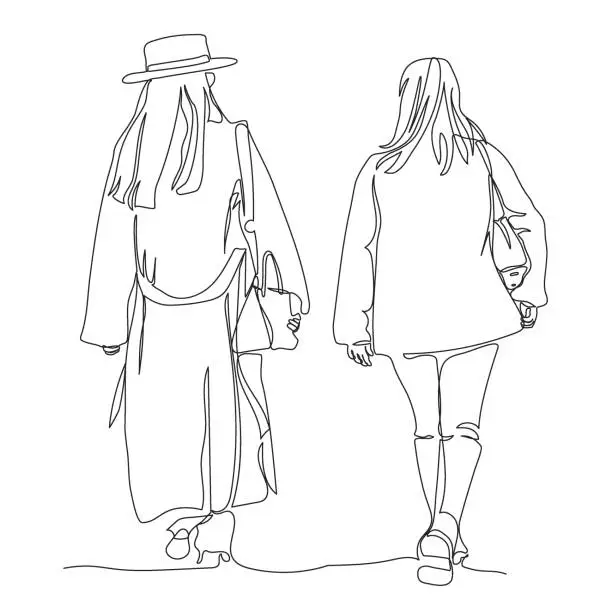 Vector illustration of 2 women walking away and talking. Wearing warm coat and jacket on cold autumn day. Rear view. Continuous line drawing. Black and white vector illustration in line art style.