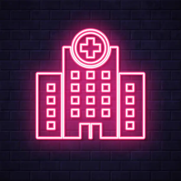 Vector illustration of Hospital building. Glowing neon icon on brick wall background