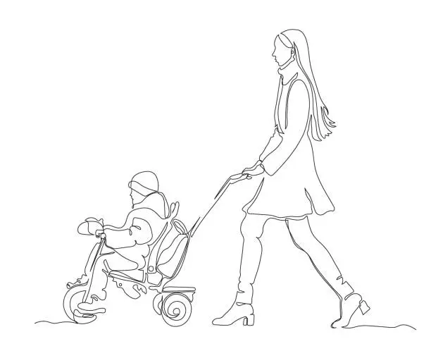 Vector illustration of Woman with 3 wheel baby carriage  on cold day. Side view. Continuous line drawing. Black and white vector illustration in line art style.