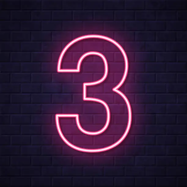 Vector illustration of 3 - Number Three. Glowing neon icon on brick wall background