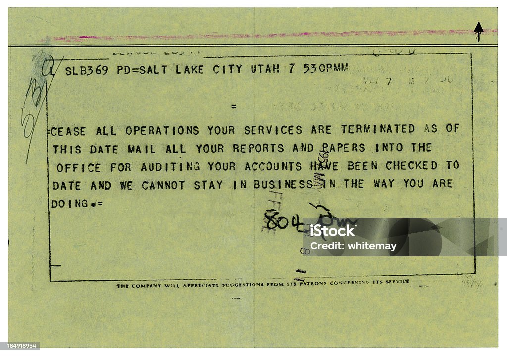Old uns Beendigung des Arbeitsverhältnisses Telegramm, 1957 - Lizenzfrei Telegramm Stock-Foto