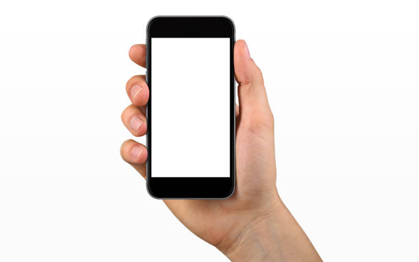 istock Mobile phone mockup with blank screen on white background for advertising, featuring a hand 1849190406