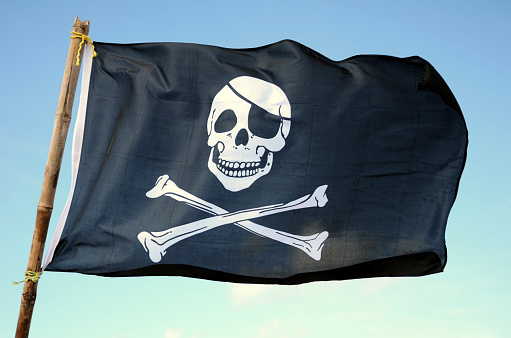 Pirate flag floating on a stick.