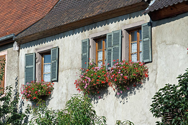 elsass-mittelalterlichen haus mit blumen in saint hippolyte - st hippolyte stock-fotos und bilder