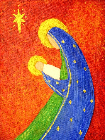 Original abstract acrylic painting of a Christmas nativity scene with Mary holding Baby Jesus. Main colors are red, blue, yellow, and green. Painting done by contributor.