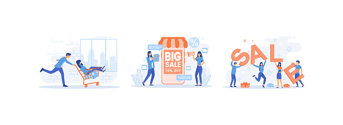 Big sale shopping, discounts for shoppers e-marketing, customers and shopping bags. Big sale set flat vector modern illustration