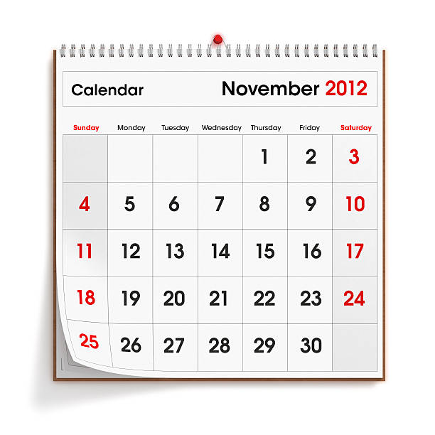 November 2012 Wall Calendar "A wall calendar, showing the month of November 2012,  isolated on a white background.Check out the other images in this series here..." wall calendar stock pictures, royalty-free photos & images