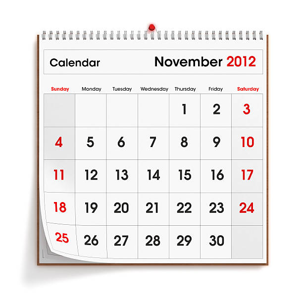 November 2012 Wall Calendar "A wall calendar, showing the month of November 2012,  isolated on a white background.Check out the other images in this series here..." calendar 2012 stock pictures, royalty-free photos & images