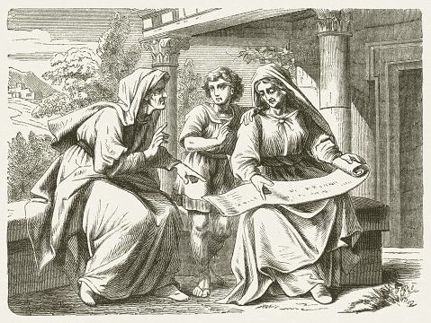 I recall your sincere faith that was alive first in your grandmother Lois and in your mother Eunice, and I am sure is in you. (2 Timothy, Chapter 1, 5). Wood engraving after a drawing by Julius Schnorr von Carolsfeld (German painter, 1794 - 1872), published in 1877.