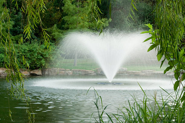 This beautiful park in Modesto California is on the east side off of Yosemite Blvd. with picnic area and tables along with lawn, landscaping and beautiful water spray in the small lake  with colorful trees and reflections in the water.