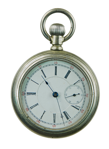 A silver antique pocket watch with a clipping path.