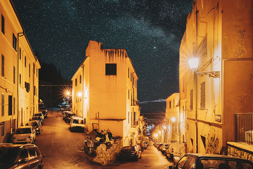 Terracina, Italy View Of Piazza Santa Domitilla In Evening Or Night Illuminations.
