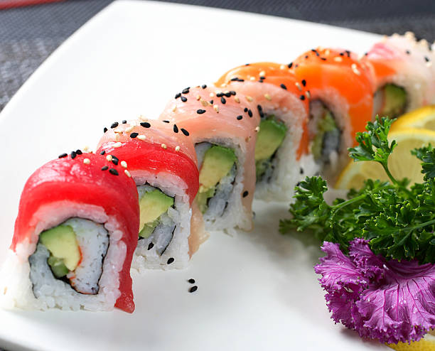 Rainbow Rolls Japanese sushi rainbow rolls rainbow crab stock pictures, royalty-free photos & images