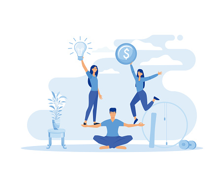 Teamwork and corporate leisure and yoga courses. Good balance between idea, time and work. Creative metaphor time is money. flat vector modern illustration