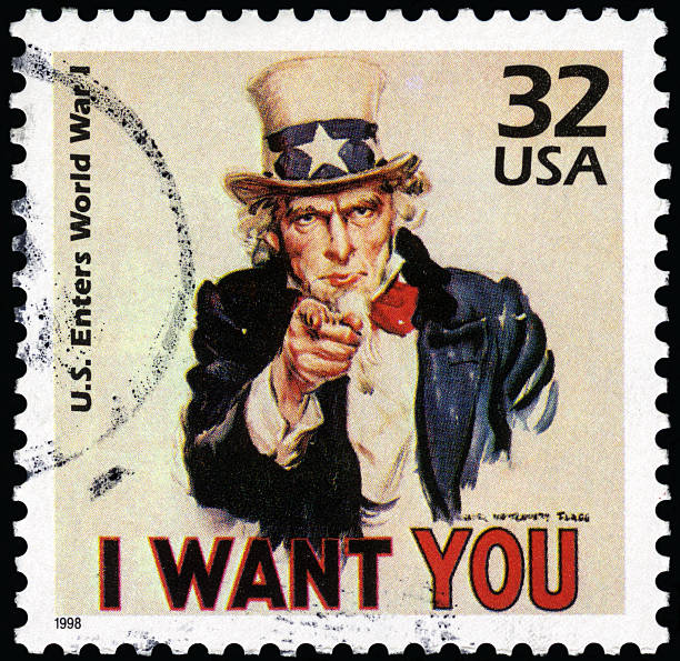 Shown here is a canceled (franked) 32-cent stamp depicting Uncle Sam with the words “I want you”. This HUGE 4850x4850 file is capable of producing 16x16 prints at 300dpi.  Image is of an excellent specimen of the highest philatelic quality available and represents the utmost accuracy in tone and color available. Postmark is clear of the main image area for easy editing. Adobe 1998 color space.