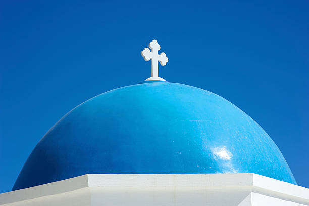 istock Blue Greek Church Dome Close Up Clear Sky 184922526