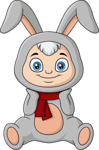 ilustraciones, imágenes clip art, dibujos animados e iconos de stock de historieta linda del niño con traje de conejito - rabbit baby rabbit hare standing