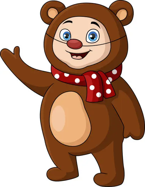 Vector illustration of Cute little boy cartoon wearing bear costume