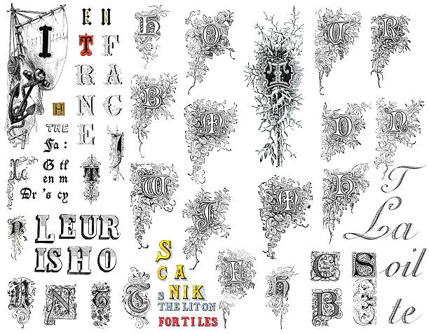 ретро алфавит букв - letter t letter a ornate alphabet stock illustrations