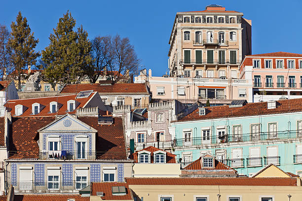 View over the roofs of Lisbon to the viewpoint Santa Catarina (Miradoro de Santa Catarina).