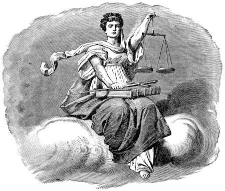 Engraving From 1882 Featuring A Woman Holding The Scales Of Justice.