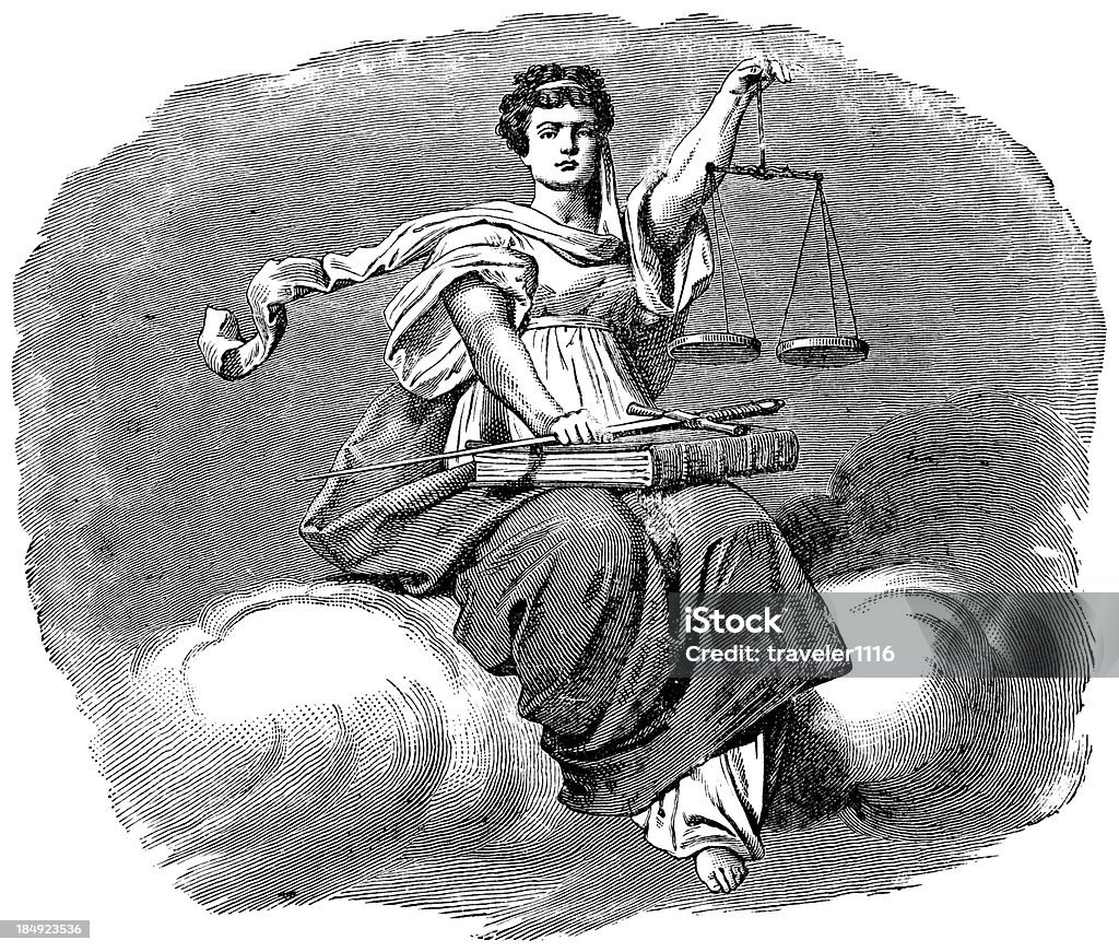 Scales Of Justice Engraving From 1882 Featuring A Woman Holding The Scales Of Justice. Lady Justice stock illustration