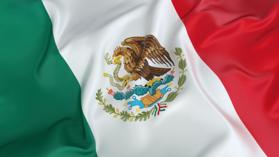 Mexico flag wave close up. Full page Mexico flying flag. Highly detailed realistic 3D rendering.