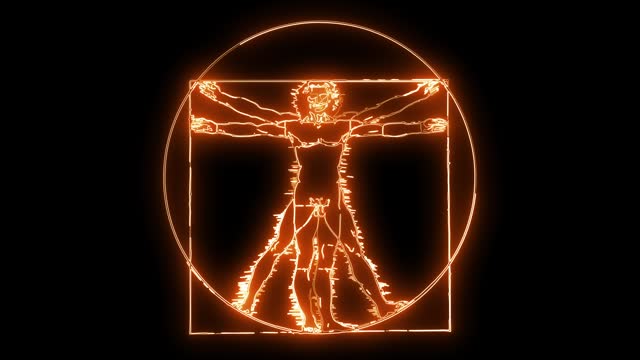 Glowing neon of Leonardo Da Vinci Vitruvian Man.