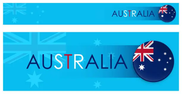 Vector illustration of Australia flag horizontal web banner in modern neomorphism style. Webpage Australian country header button for mobile application or internet site. Vector