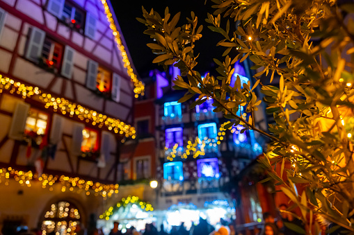Old town buildings illuminated and decorated in Christmas festive season in Colmar,Alsace,France