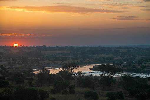 Beautiful sunset and nature view at dusk time. Sunset view from the riverbank. Beautiful nature with yellow sky and tree horizon.