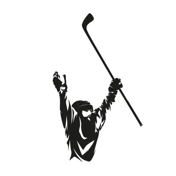 Vector illustration of Hockey player, goal celebration, isolated vector silhouette, ink drawing. Ice hockey logo