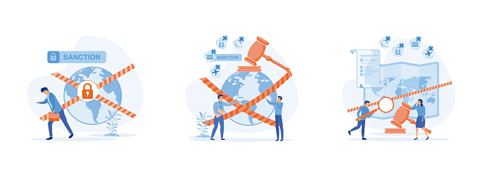 World economic sanctions. Protect International law. Country peace and security.Sanctions and economic or political export prohibition. Sanction set flat vector modern illustration