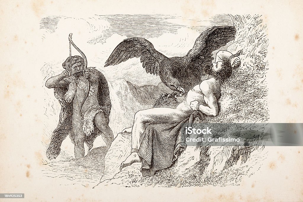 Grawerunek of Heracles uwalniał Promethus - Zbiór ilustracji royalty-free (Prometeusz - postać mitologiczna)