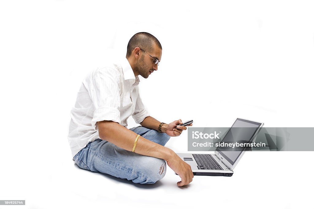 Laptop homem asiático Telefone - Royalty-free Multimédia Foto de stock