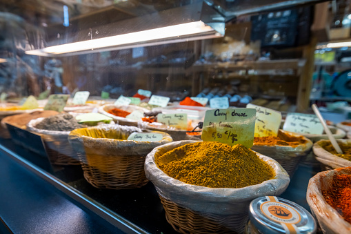 Variety of spices on display at market shop in Colmar,Alsace,France